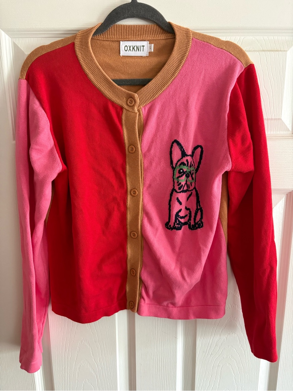 Oxknit NWOT cardigan colorblock dog button down pink brown women's size L